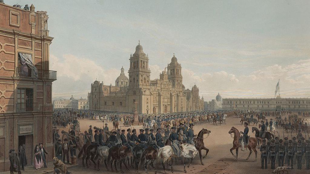 Una litograf&iacute;a de la llegada de las tropas de EE.UU. al Palacio Nacional de Ciudad de M&eacute;xico