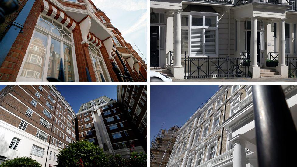 Collage de fotos que muestran varios de los edificios en Londres donde Epstein ten&iacute;a apartamentos alquilados.