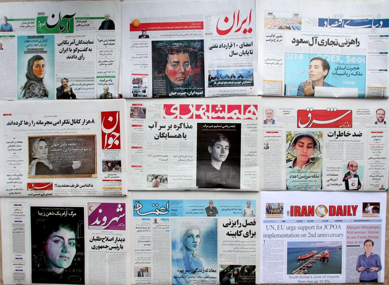 Varias portadas de peri&oacute;dicos, en farsi e ingl&eacute;s, con fotos e ilustraciones de Maryam Mirzakhani