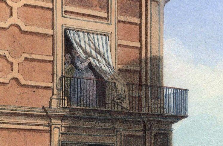 Fragmento de una ilustraci&oacute;n de la toma de Ciudad de M&eacute;xico por parte de EE.UU., con dos mujeres mirando entre una cortina desde un balc&oacute;n