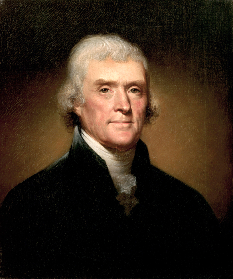 Thomas Jefferson con el cabello blanco y vestido de blanco y negro
