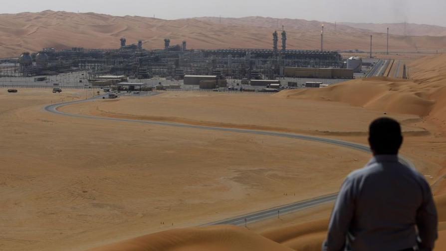 Un hombre de espaldas observa desde lejos el centro de producci&oacute;n de gas licuado en el yacimiento de Shaybah, en Arabia Saudita