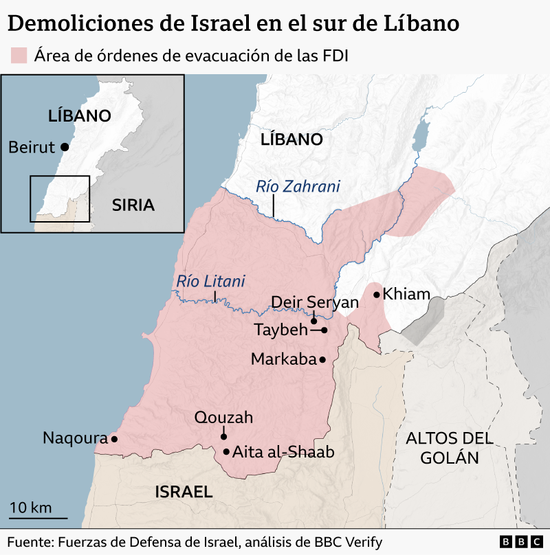 Mapa anotado que muestra la ubicaci&oacute;n de siete pueblos y ciudades del sur del L&iacute;bano donde tuvieron lugar demoliciones israel&iacute;es.