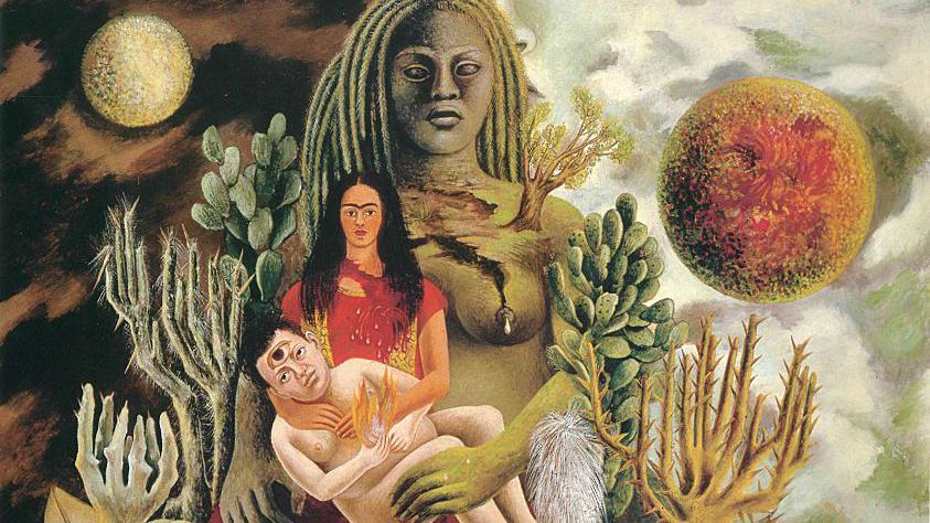 "El abrazo de amor del Universo, la Tierra (M&eacute;xico), yo, Diego y el se&ntilde;or X&oacute;lotl", una obra de la pintora mexicana Frida Kahlo. Forma parte de la colecci&oacute;n de Jacques y Natasha Gelman.