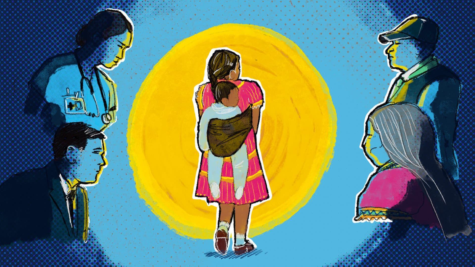 Ilustraci&oacute;n de una mujer embera con la hija a cuestas mientras es juzgada y mirada por otros sectores de la sociedad. 