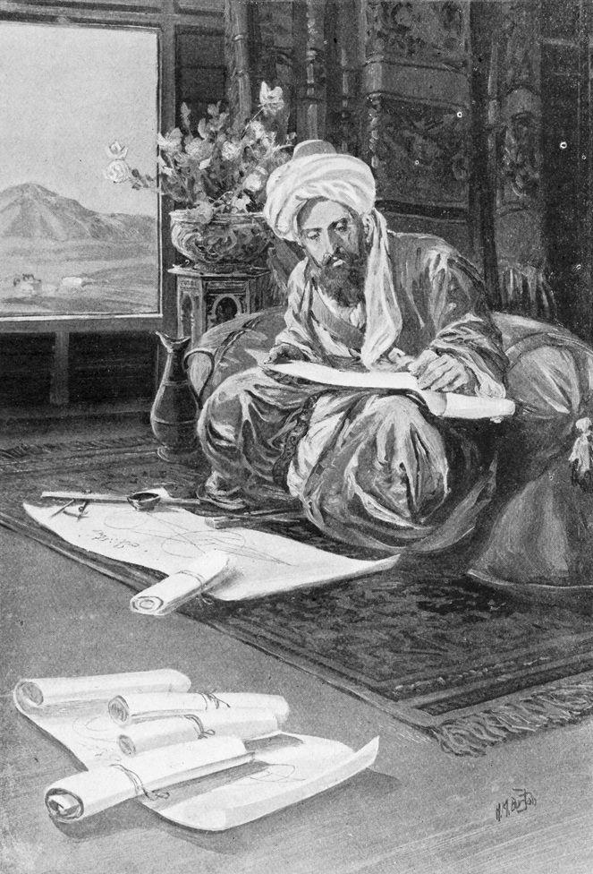 Omar Jayam est&aacute; vestido con la ropa tradicional persa. Est&aacute; sentado sobre una alfombra y trabaja con lo que parece ser unos planos. Atr&aacute;s de &eacute;l, hay un ramo de flores, una cortina y un cuadro con un paisaje con una monta&ntilde;a.
