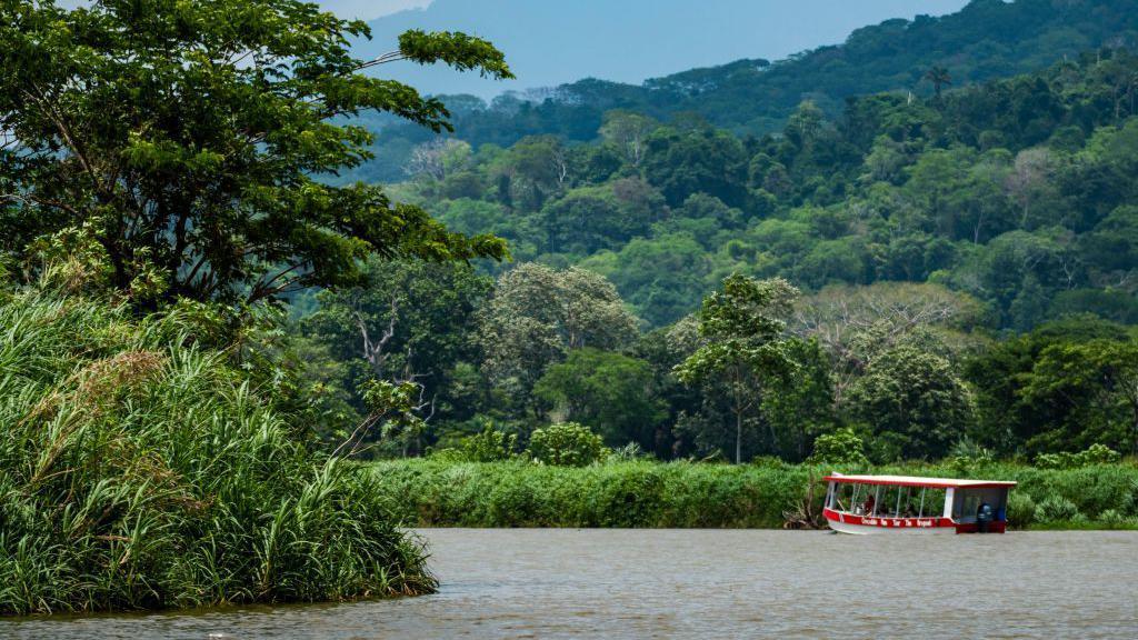 Un barco tur&iacute;stico navega un lago en un entorno natural de Costa Rica