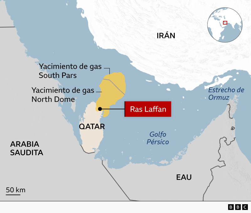 Mapa muestra el golfo P&eacute;rsico y la locaci&oacute;n de los yacimientos de gas South Pars y de North Dome que comparten Ir&aacute;n y Qatar