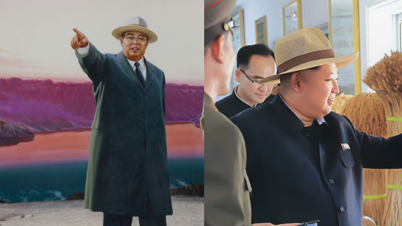 Composici&oacute;n que muestra un retrato del fallecido Kim Il Sung con un sombrero y al lado su nieto, Kim Jong Un con un sombrero parecido.