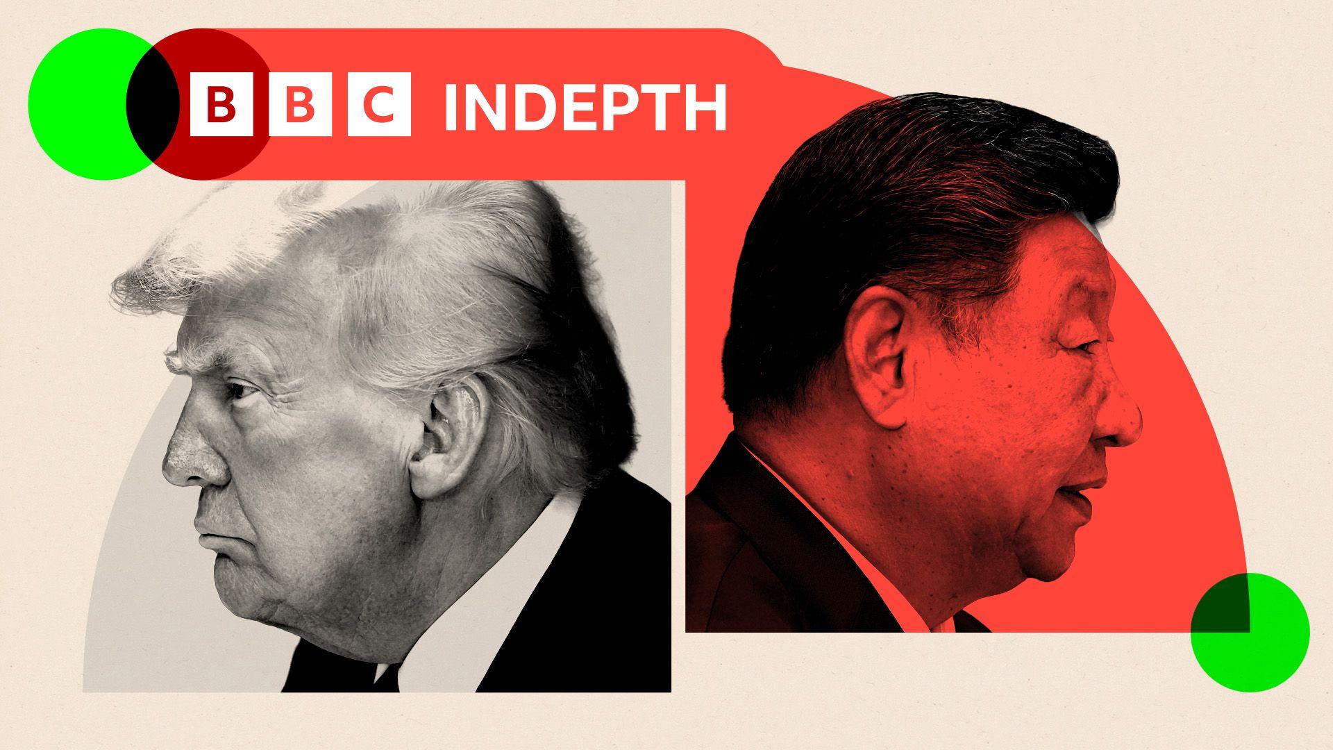 La cabeza de perfil de Donald Trump a la izquierda y la cabeza de perfil de Xi Jinping a la derecha. 