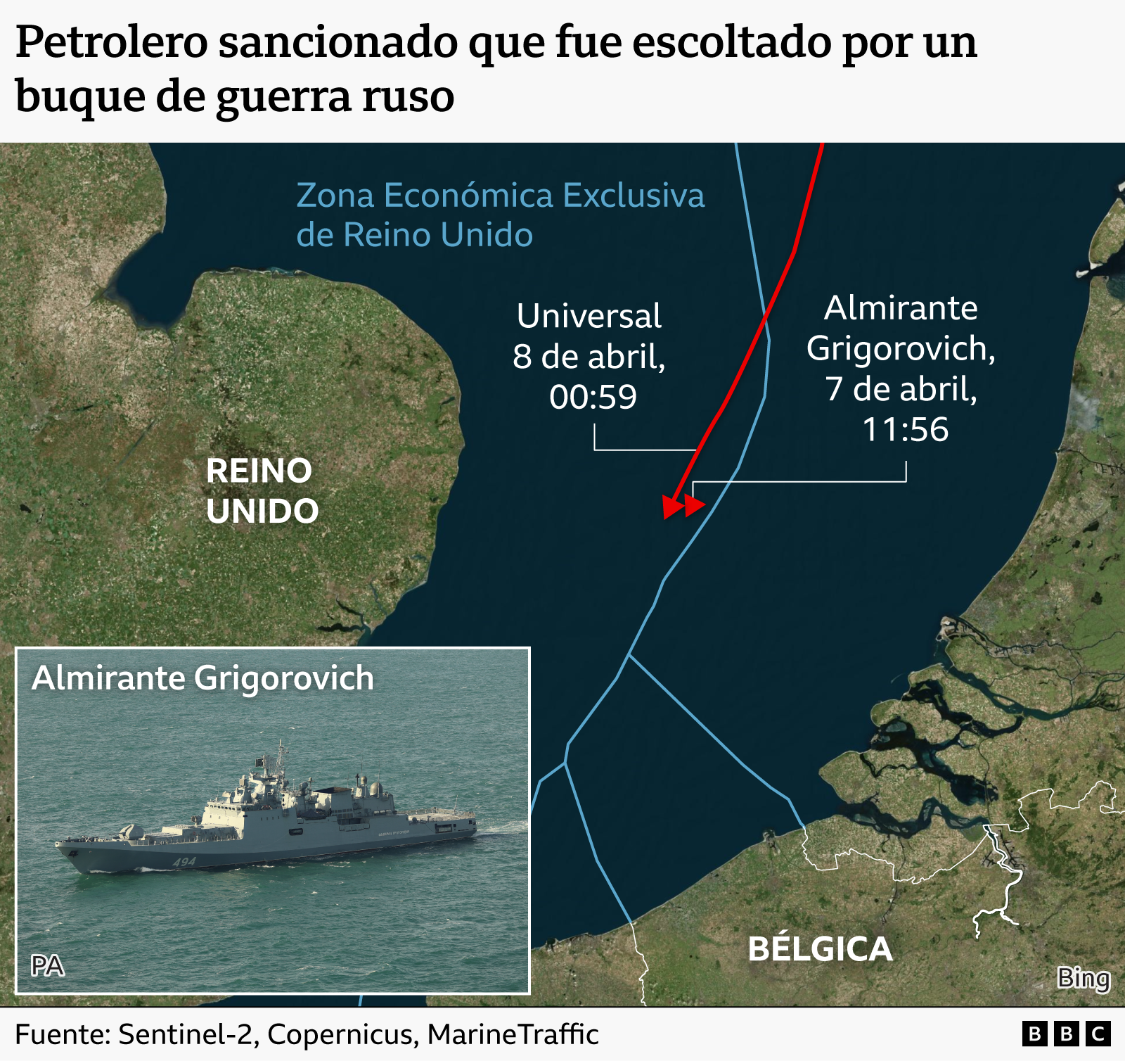Gr&aacute;fico que muestra al petrolero ruso Universal, el cual fue escoltado por una fragata rusa a su paso por las aguas brit&aacute;nicas.