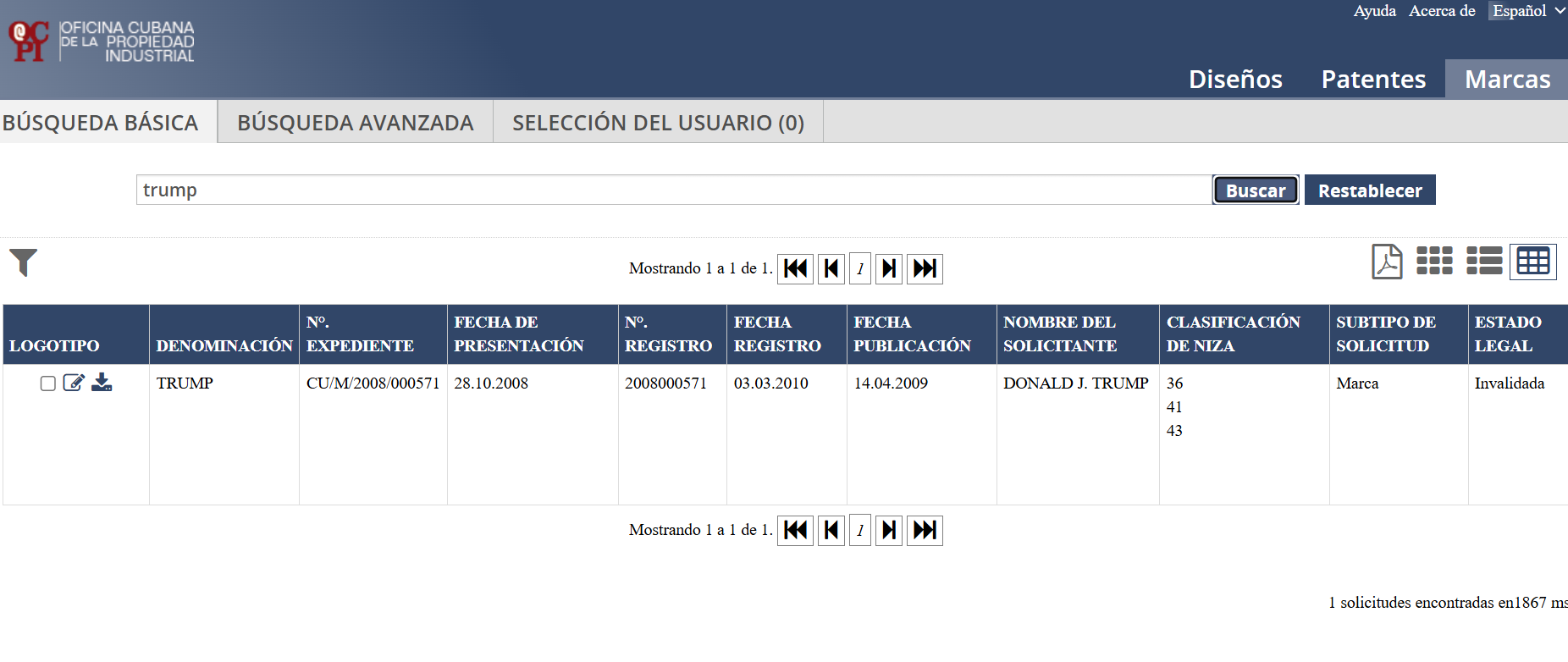 Captura de pantalla del sitio en internet de la Oficina Cubana de la Propiedad Industrial donde figura la marca TRUMP como registrada en 2010 e invalidada m&aacute;s tarde.