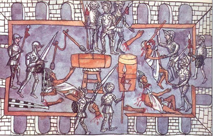 Una escena de la matanza del Templo Mayor en el C&oacute;dice Dur&aacute;n