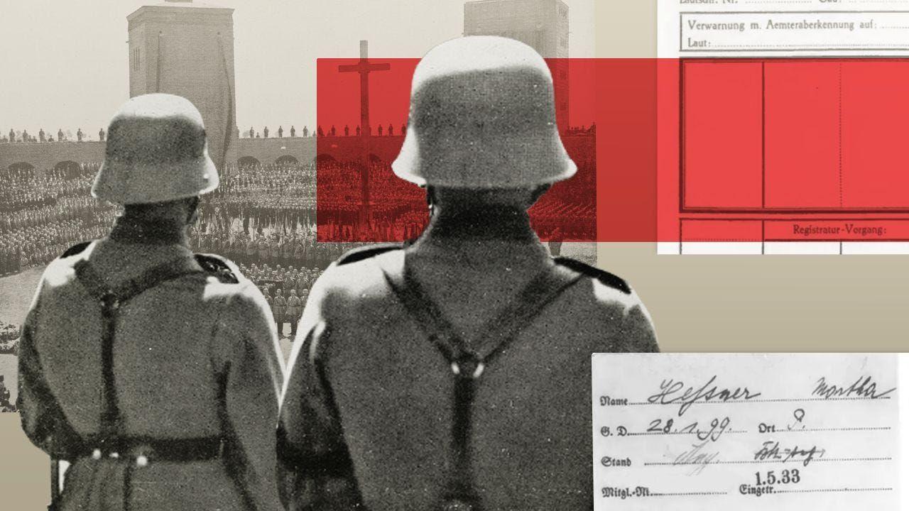 Una foto compuesta de dos soldados nazis vigilando a miles de soldados en formaci&oacute;n en un estadio en Polonia. Un papel de membres&iacute;a firmado se superpone en la parte inferior derecha de la imagen y un formulario de papel nazi vac&iacute;o se superpone en la parte superior derecha.