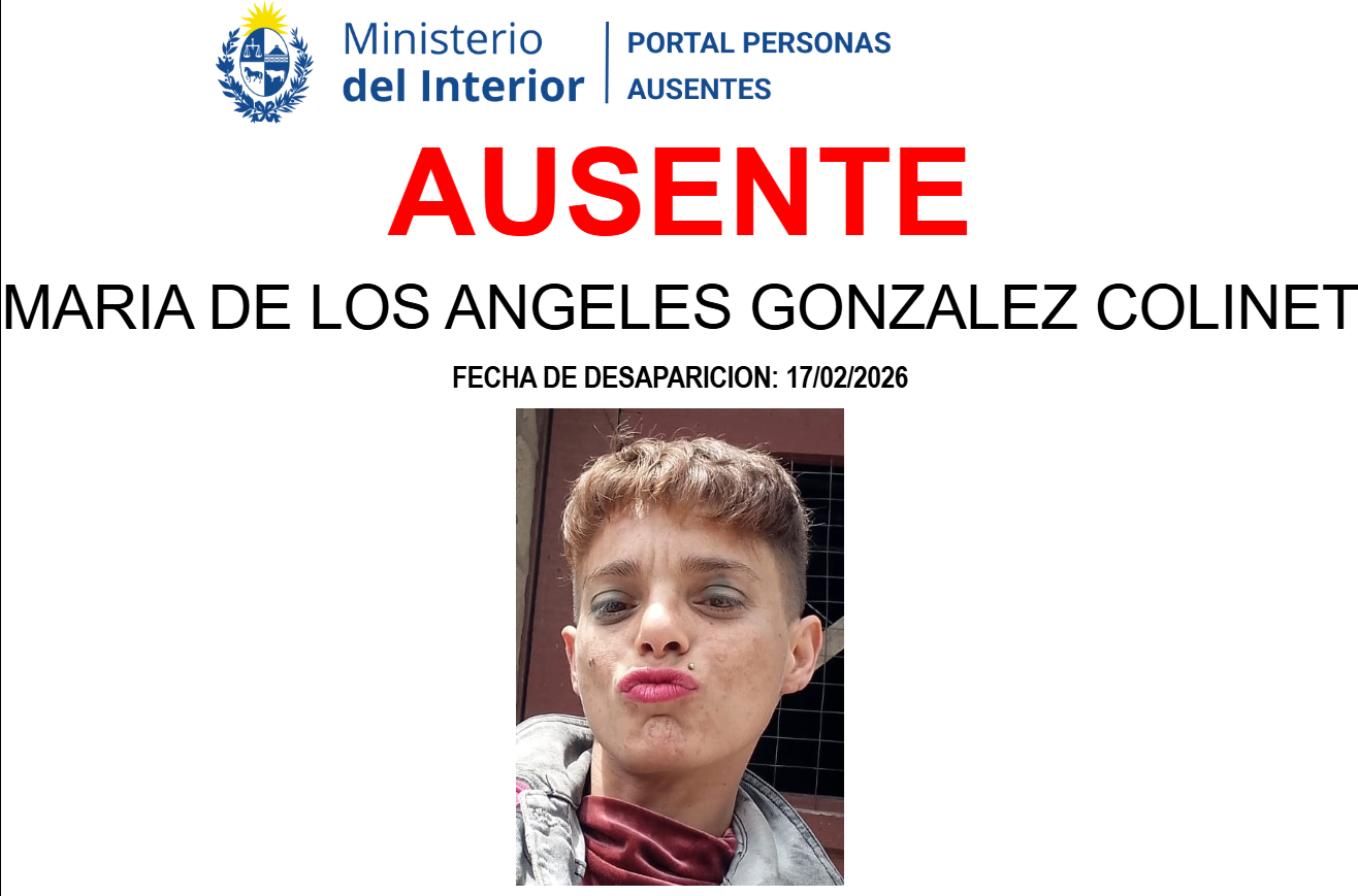 Ficha del Ministerio del Interior de Uruguay sobre la desaparici&oacute;n de Mar&iacute;a de los &Aacute;ngeles Gonz&aacute;lez Colinet desde el 17 de febrero de 2026, con una foto de la mujer.