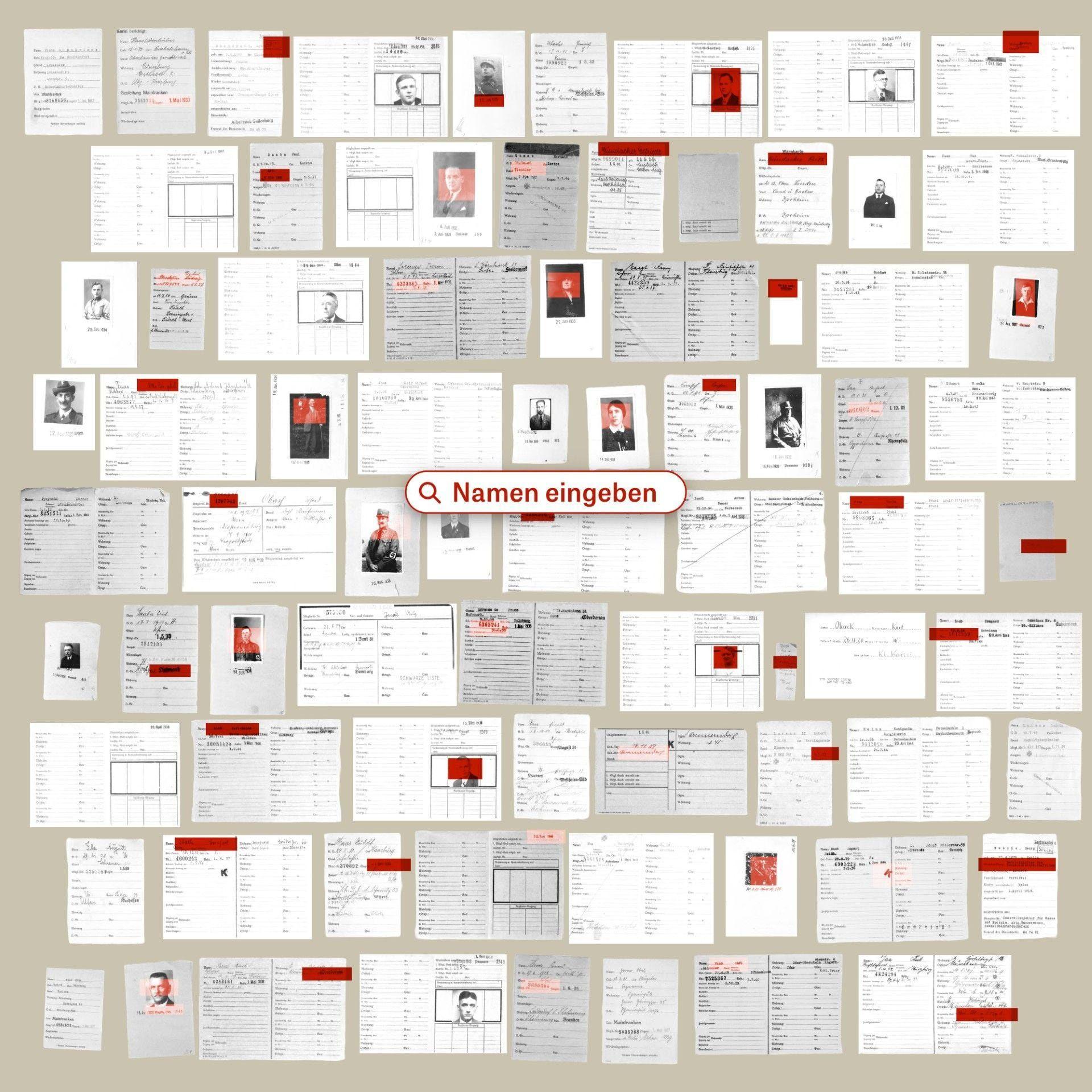 Una imagen compuesta de unas 100 hojas de papel, cada una contiene el resultado de b&uacute;squeda de un miembro del Partido Nazi, de la base de datos de Die Zeit sobre la pertenencia nazi.