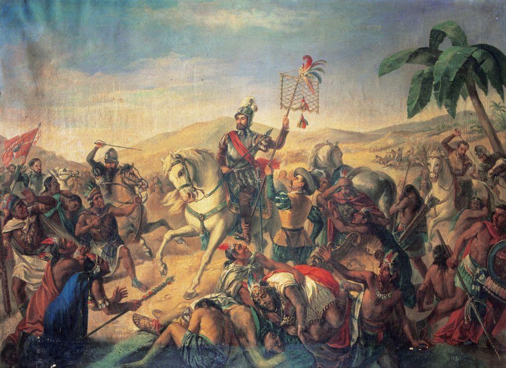 Una pintura de Hern&aacute;n Cort&eacute;s liderando una batalla en M&eacute;xico