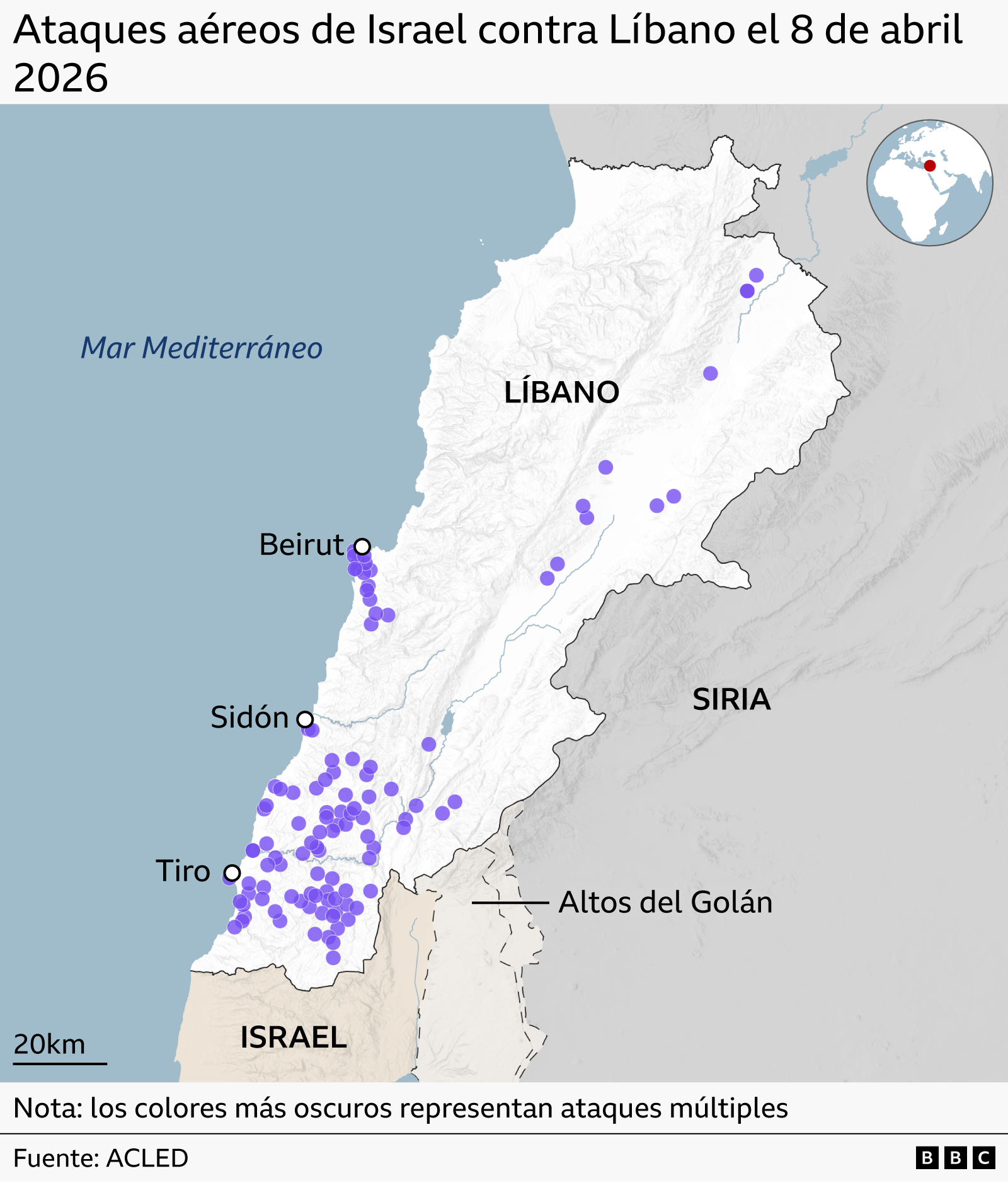 Mapa que muestra con puntos de color p&uacute;rpura los ataques de Israel en L&iacute;bano.