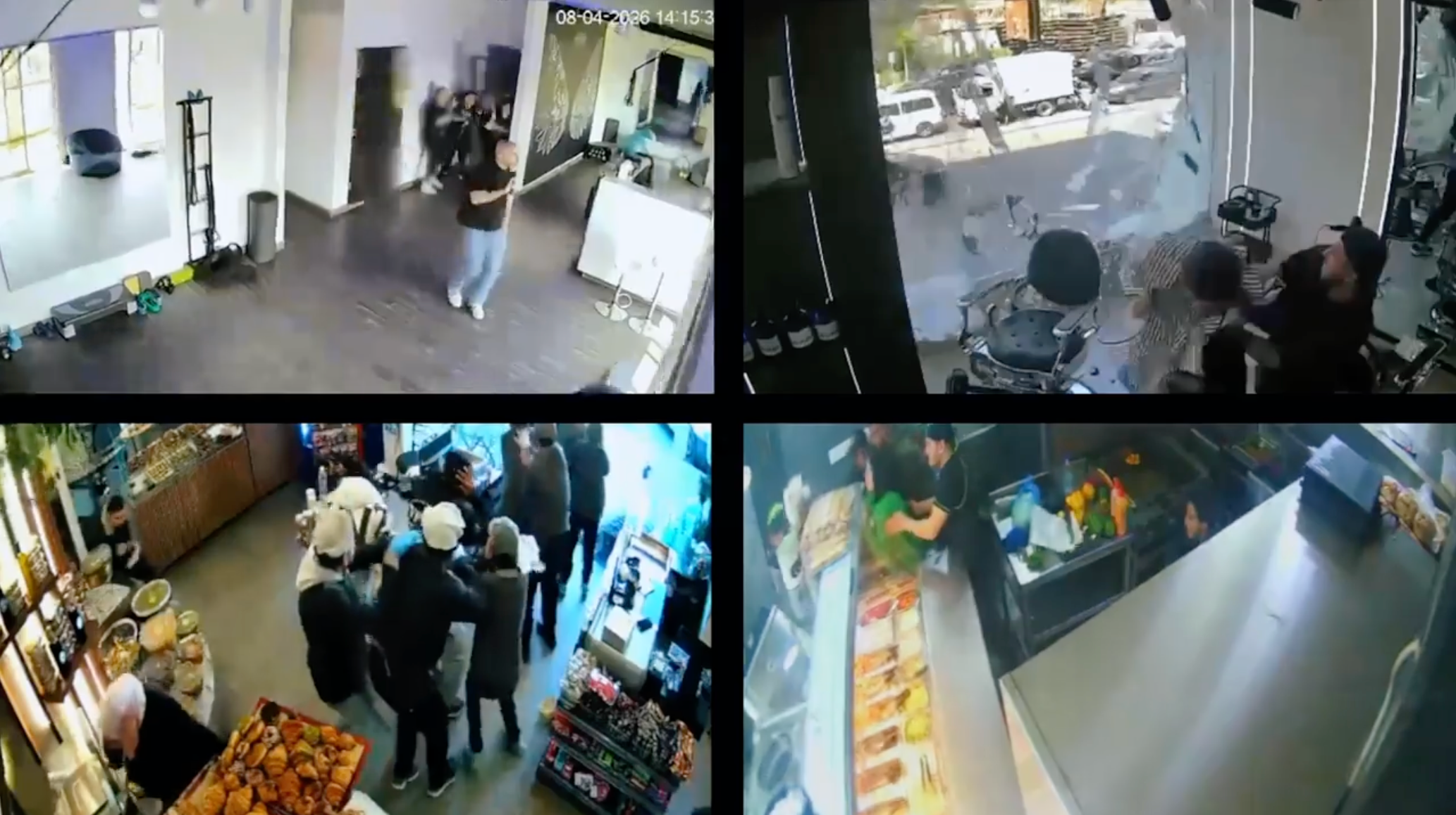 Im&aacute;genes de cuatro c&aacute;maras de CCTV muestran un gimnasio (arriba a la izquierda), una barber&iacute;a (arriba a la derecha), un supermercado (abajo a la izquierda) y un restaurante (abajo a la derecha) en los momentos en que impactan las bombas.