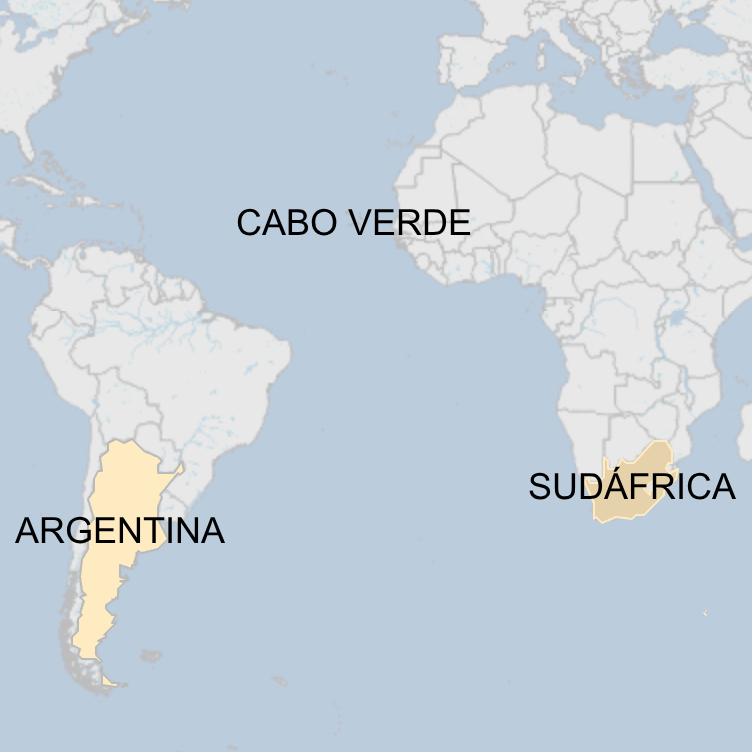 Un mapa de la BBC en el que se muestran la ubicaci&oacute;n de Argentina, Cabo Verde y Sud&aacute;frica