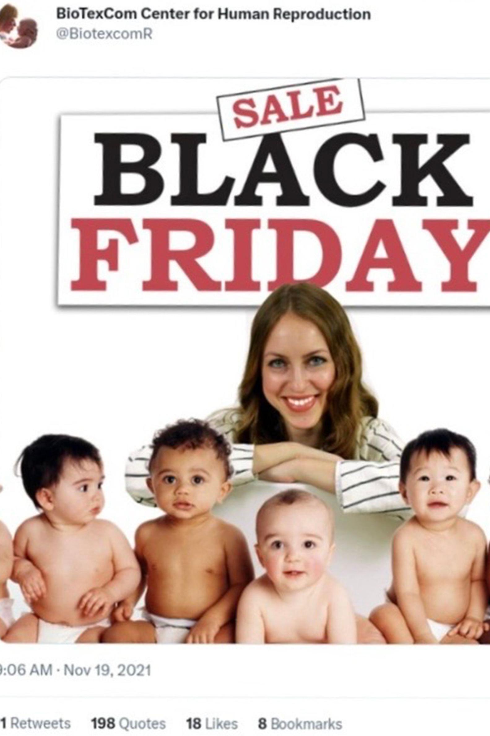 Un anuncio en redes sociales con las palabras REBAJAS BLACK FRIDAY. Aparecen cinco beb&eacute;s con pa&ntilde;ales y una mujer detr&aacute;s de ellos sonriendo. Tiene el pelo largo y casta&ntilde;o y lleva una camisa blanca con rayas azules.