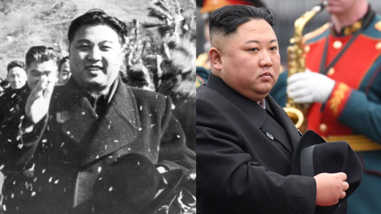Una imagen compuesta muestra una fotograf&iacute;a en blanco y negro del fallecido Kim Il Sung, con un abrigo negro y un sombrero negro, junto a una fotograf&iacute;a en color de Kim Jong Un, con un atuendo similar, en Rusia.