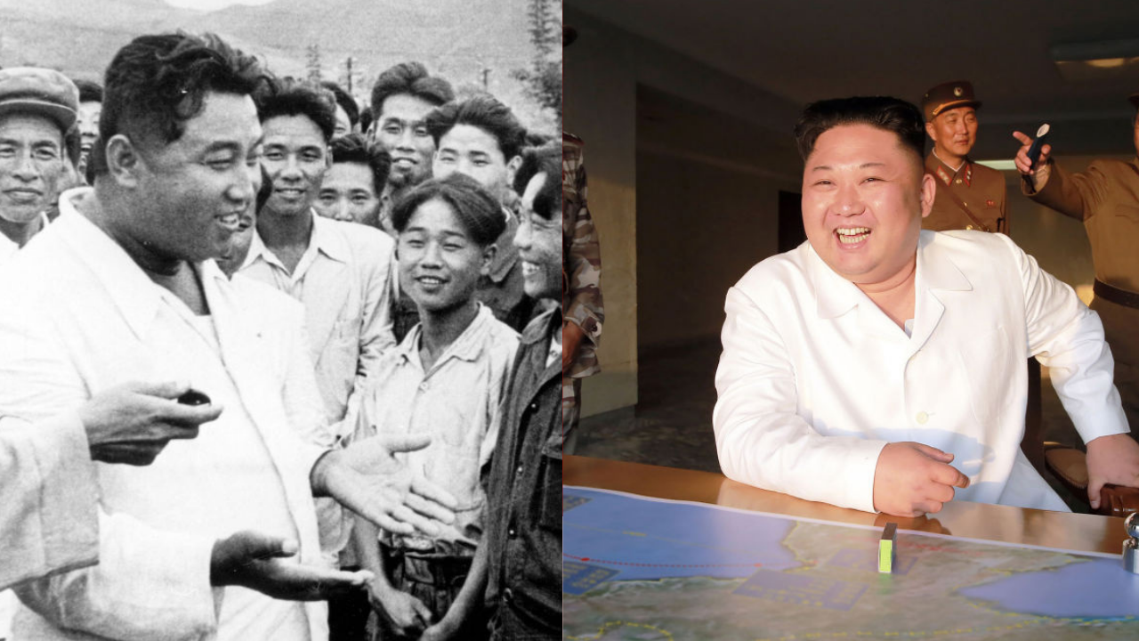 Una imagen compuesta muestra una fotograf&iacute;a en blanco y negro del fallecido Kim Il Sung, vestido completamente de blanco, junto a una fotograf&iacute;a en color de Kim Jong Un, con un atuendo similar, sonriendo mientras est&aacute; sentado a una mesa, con un hombre con uniforme militar detr&aacute;s de &eacute;l.