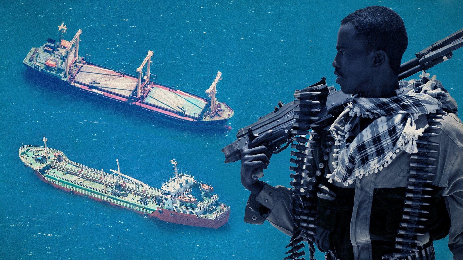 Esta imagen compuesta muestra a un pirata portando un arma de alto calibre a la derecha y dos buques que fueron secuestrados recientemente a la izquierda.