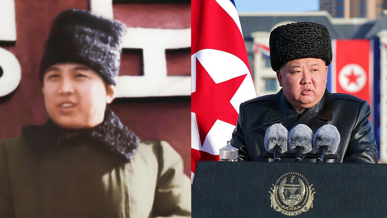 Fotos de Kim Il Sung y Kim Jong Un portando un sombrero de invierno parecido.