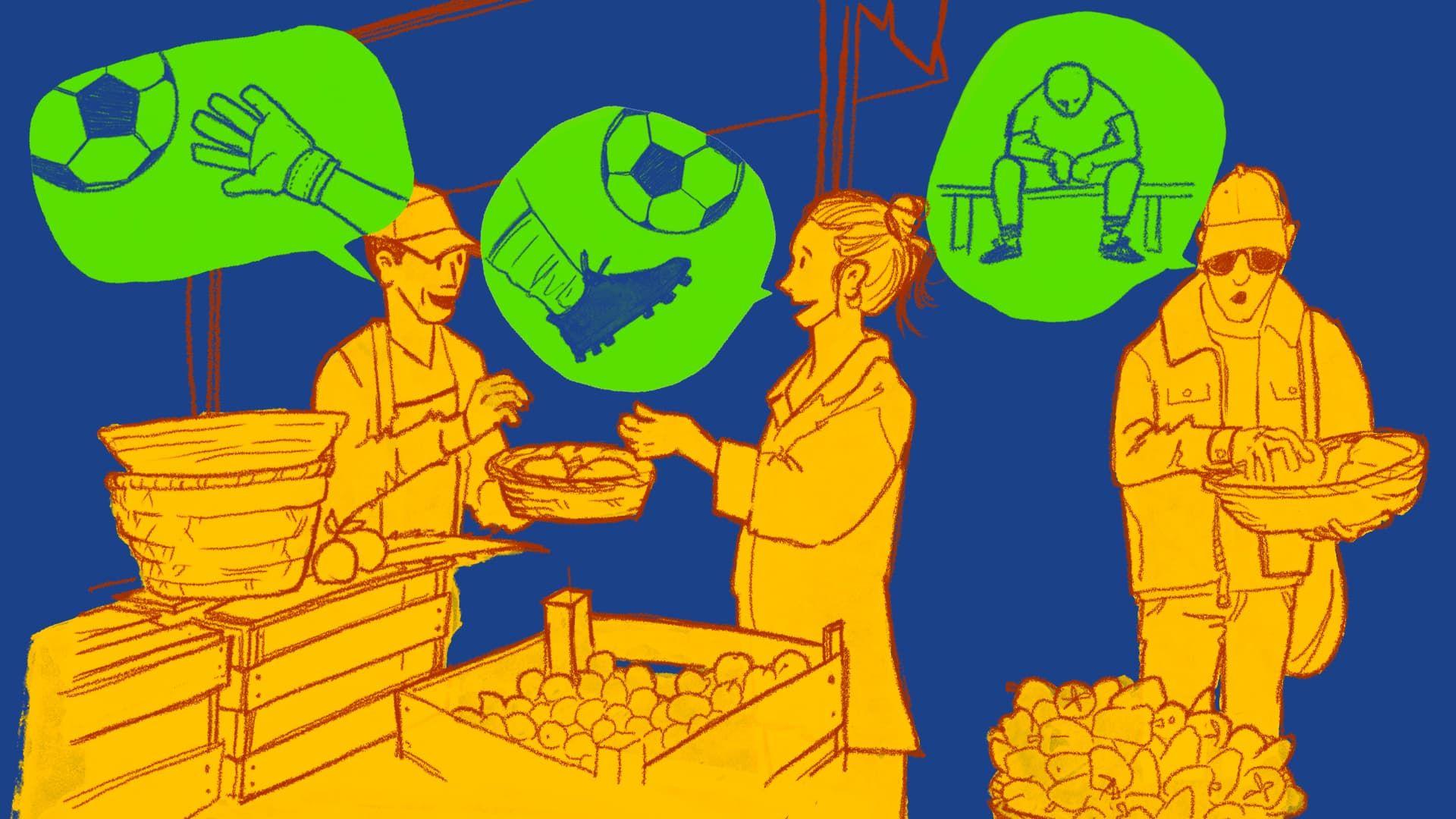 Ilustraci&oacute;n en la que se ve a tres personas en un mercado y tienen bocadillos de di&aacute;logo de los que no salen palabras, sino im&aacute;genes relacionadas con f&uacute;tbol.