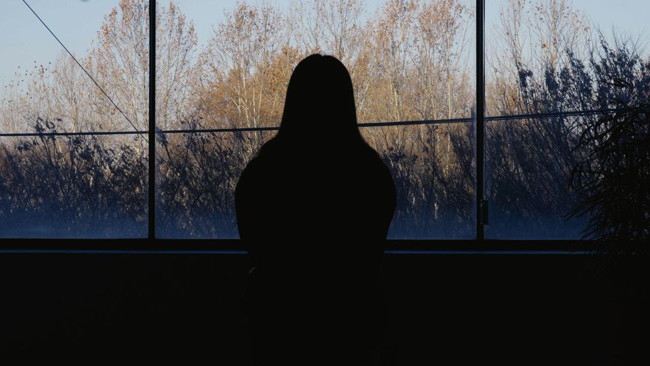 La silueta de una mujer mirando por una ventana, con &aacute;rboles y follaje al fondo.