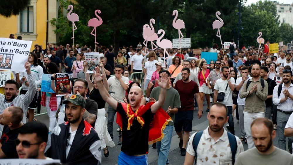 Un numeroso grupo de personas, algunas gritando, otras con los brazos en alto y coreando, participa en una manifestaci&oacute;n. Algunas sostienen siluetas de flamencos rosas, el s&iacute;mbolo de la protesta.