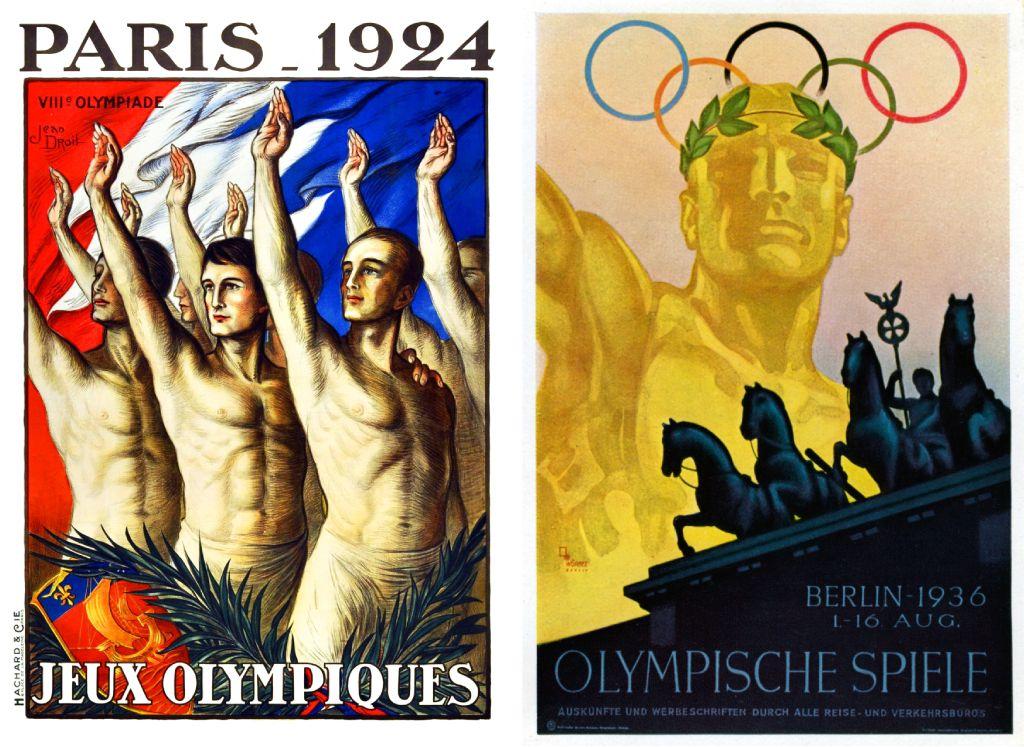 Los afiches de las Olimpiadas de Par&iacute;s y las de Berl&iacute;n. En la primera se ven j&oacute;venes con un brazo levantado, y s&oacute;lamente vistiendo pantalones, con la bandera de Francia atr&aacute;s y en la parte inferior, laureles y un escudo rojo, azul y dorado. En la de Berl&iacute;n se ve un hombre dorado con una corona de laurel verde, y los aros ol&iacute;mpicos detras de su cabeza. Se alcanza a ver s&oacute;lo parte de su brazo derecho levantado y sobre su imagen est&aacute; la escultura que est&aacute; en la cima de la Puerta de Brandeburgo, un carro tirado por cuatro caballos dirigido por Victoria, la diosa romana de la victoria. 