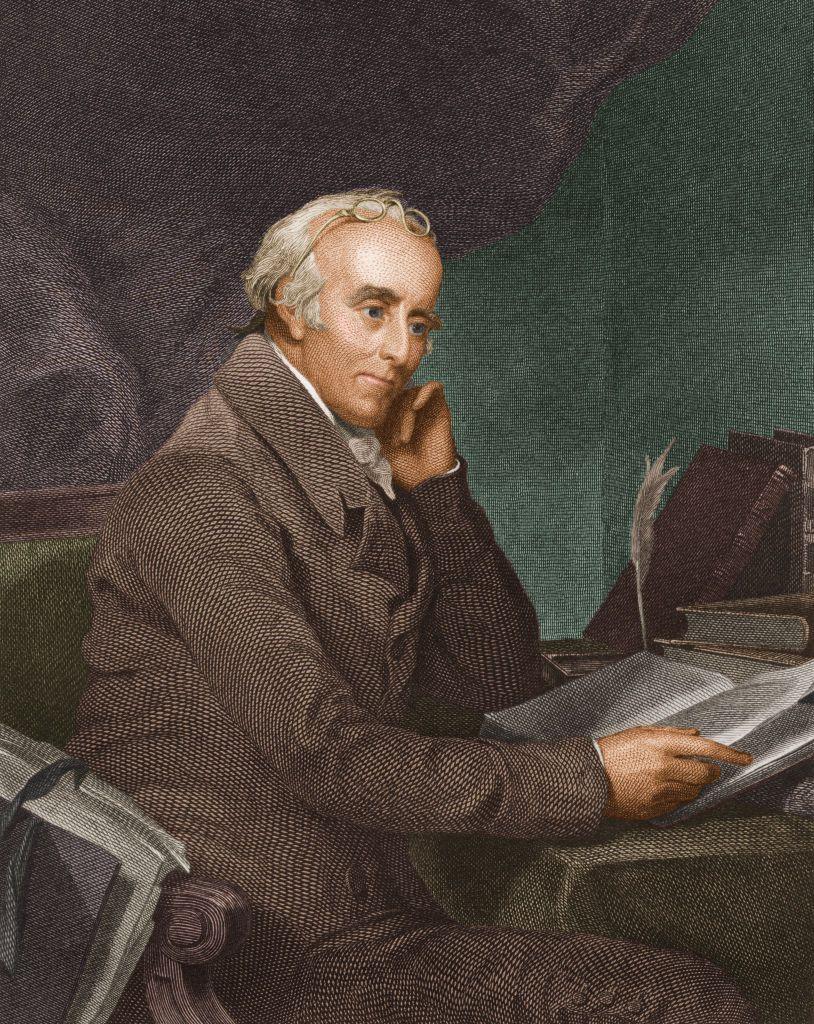 Una ilustraci&oacute;n de Benjamin Rush, m&eacute;dico, sentado en su escritorio mirando un cuaderno.