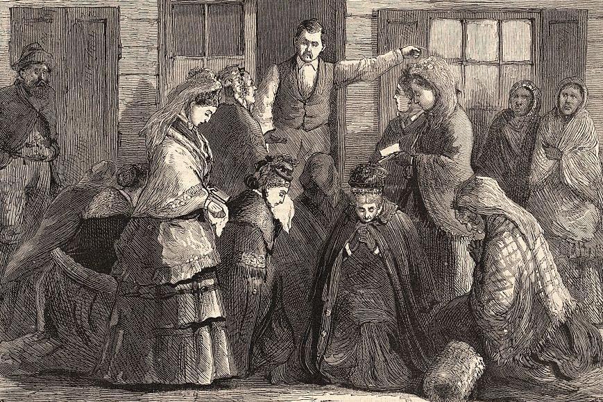Ilustraci&oacute;n de un grupo de mujeres, postradas en la entrada de una taberna, mientras la gente las mira y el cantinero les pide que se vayan. 