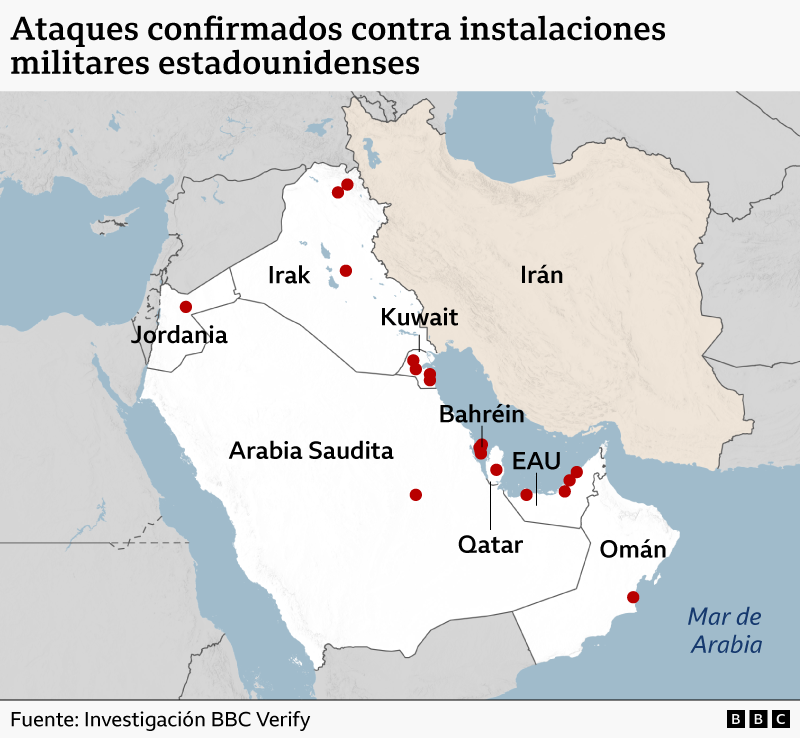 Mapa que muestra las distintas bases de EE.UU. en Medio Oriente que han sido atacadas por Ir&aacute;n