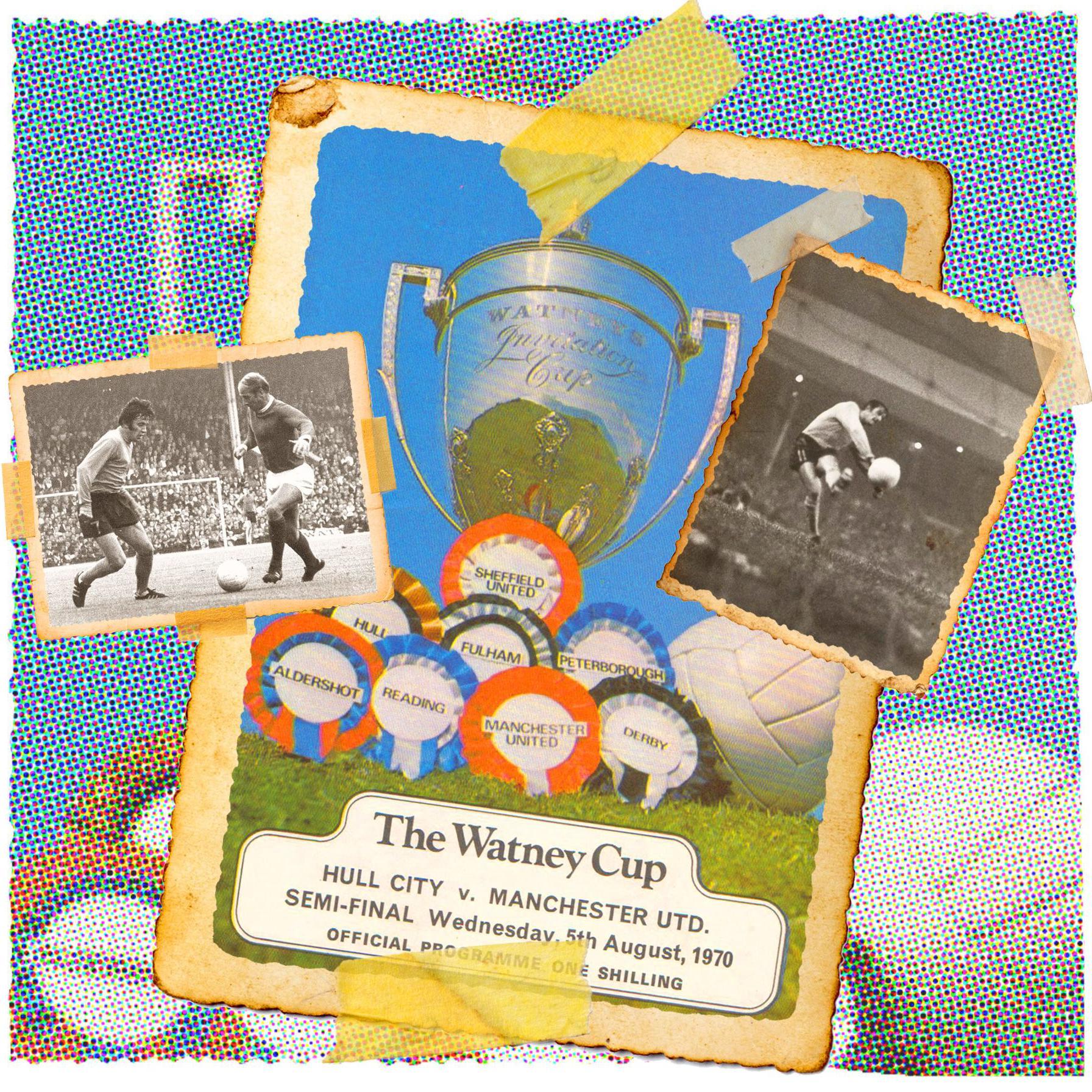Collage de im&aacute;genes de la Copa Watney de 1970: el programa del partido y fotos de la acci&oacute;n del juego.