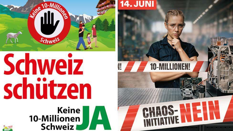 Dos carteles, uno al lado del otro: uno a la izquierda es un cartel del voto S&iacute; que pide "No a 10 millones de suizos", y otro a la derecha respalda el voto No, condenando el plan como una "iniciativa del caos".