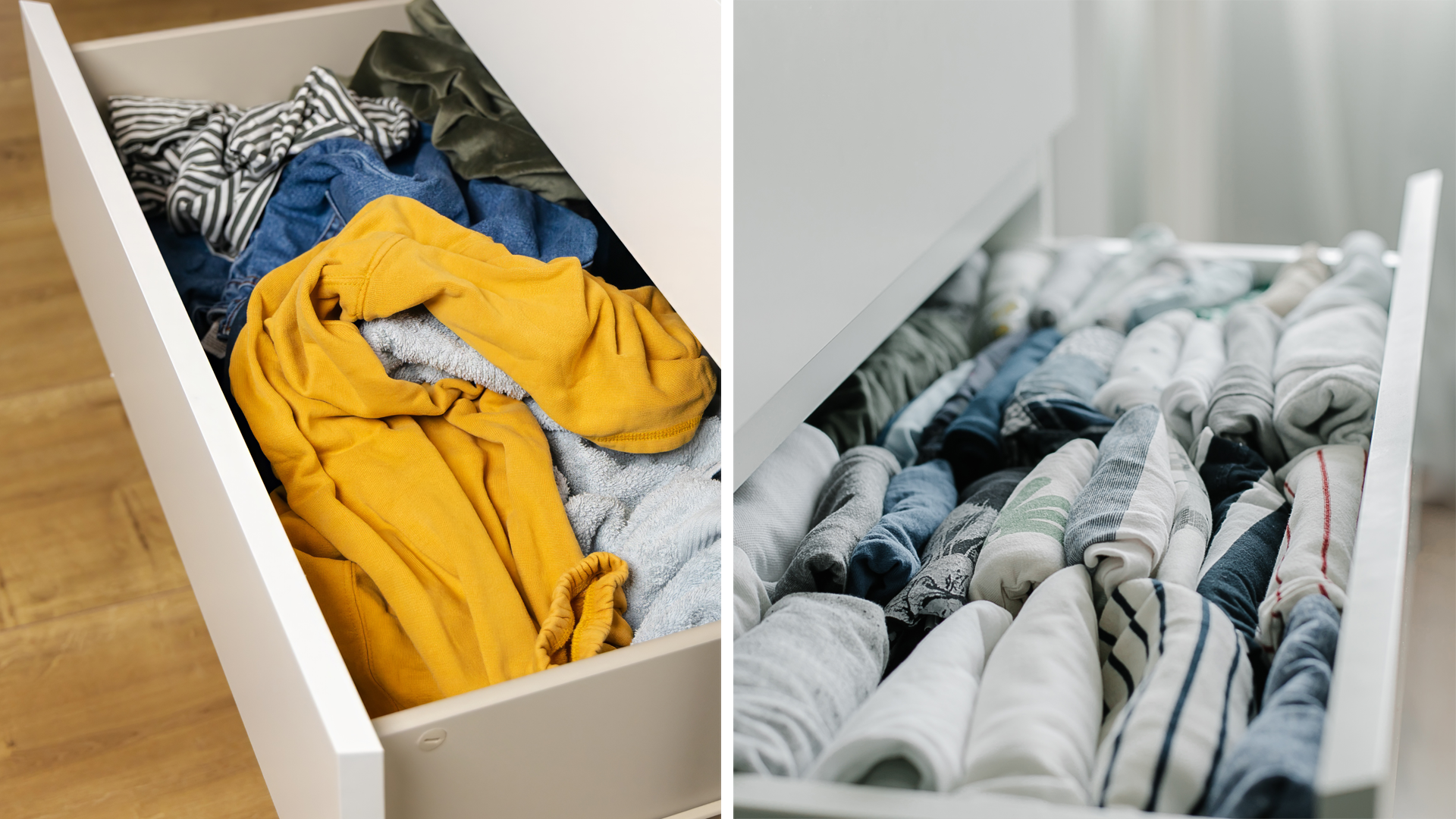 Dos im&aacute;genes una al lado de la otra muestran cajones blancos abiertos llenos de ropa en primer plano. El caj&oacute;n de la izquierda contiene prendas desplegadas que se guardan desordenadamente en un caj&oacute;n, incluyendo una parte superior amarilla, tela a rayas y vaqueros. El caj&oacute;n de la derecha muestra camisas dobladas y ordenadas en colores y estampados claros.