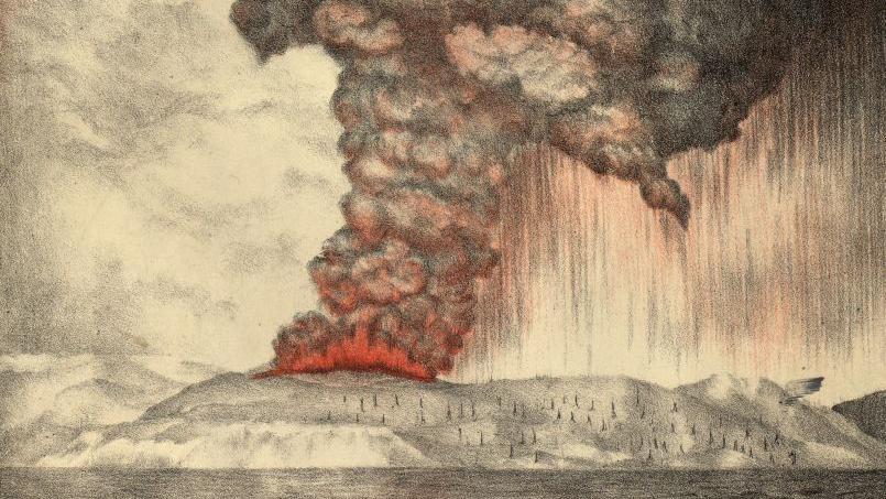 Ilustraci&oacute;n hist&oacute;rica de la erupci&oacute;n de un volc&aacute;n en una isla, con una gran columna de ceniza y humo que se eleva sobre el mar.