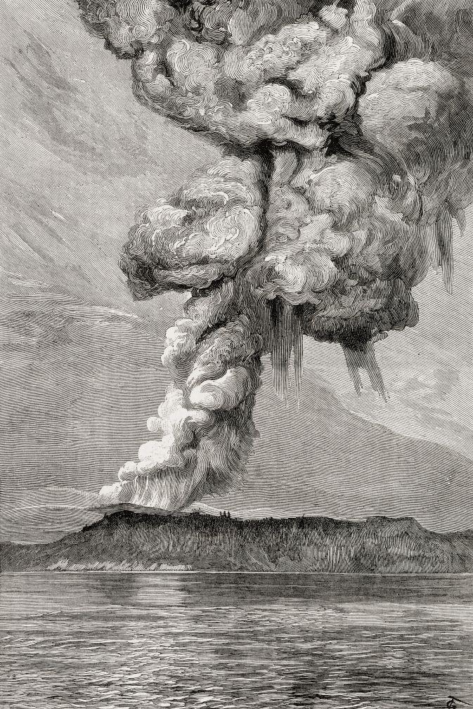 Ilustraci&oacute;n en blanco y negro que muestra una erupci&oacute;n volc&aacute;nica, con una imponente columna de ceniza sobre una isla rodeada de agua.