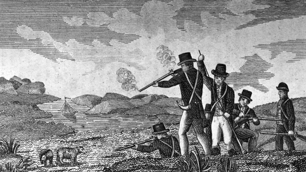 El capit&aacute;n Clark y sus hombres disparando a osos. Ilustraci&oacute;n original: de *Journal of Voyages* de Peter Gass, publicado en 1811.