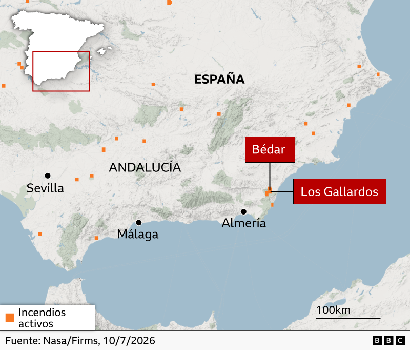 Mapa que muestra los incendios activos en la regi&oacute;n de Andaluc&iacute;a, Espa&ntilde;a.