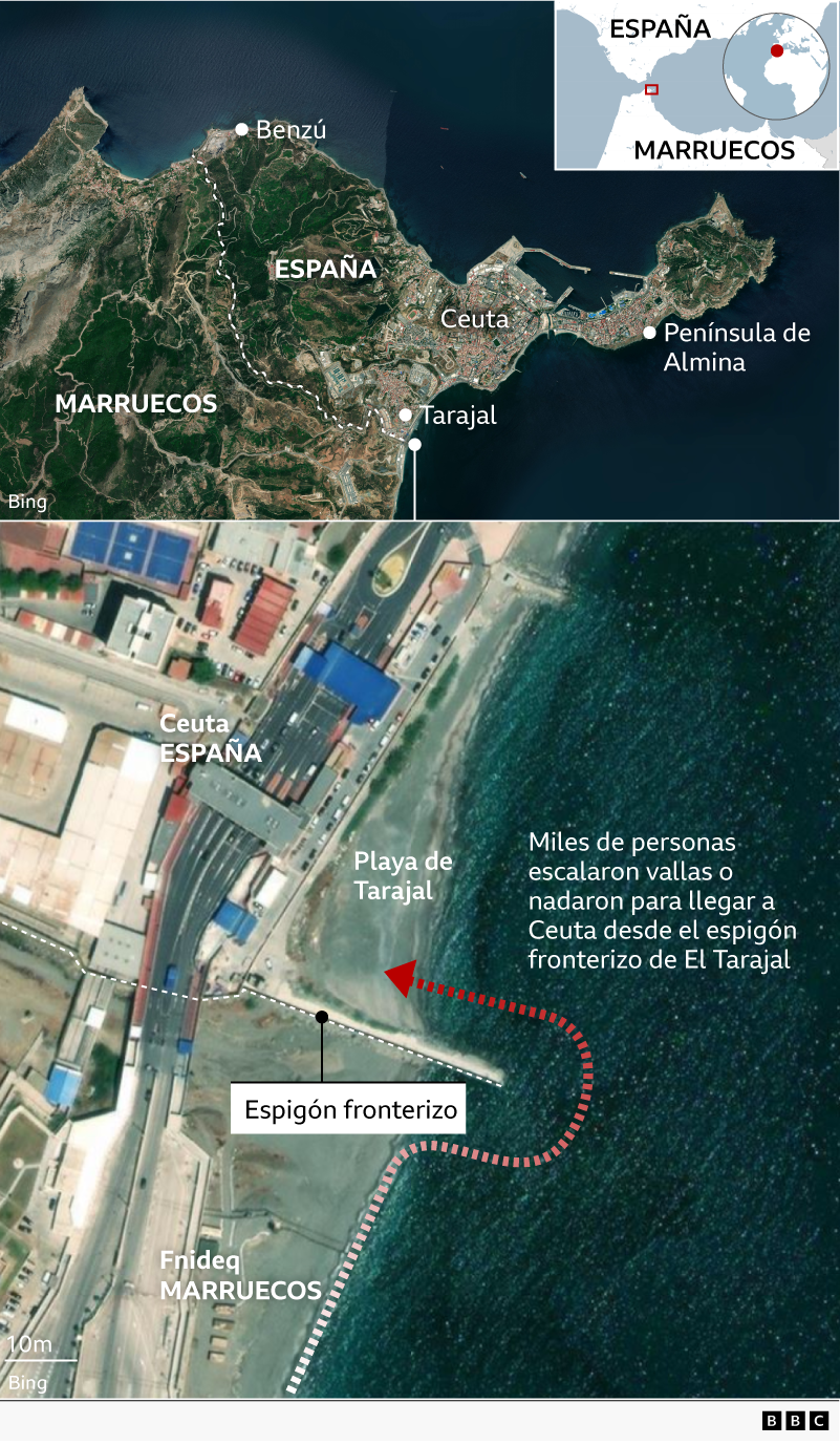 Mapa que muestra el cruce fronterizo entre España y Marruecos a través del espigón fronterizo.