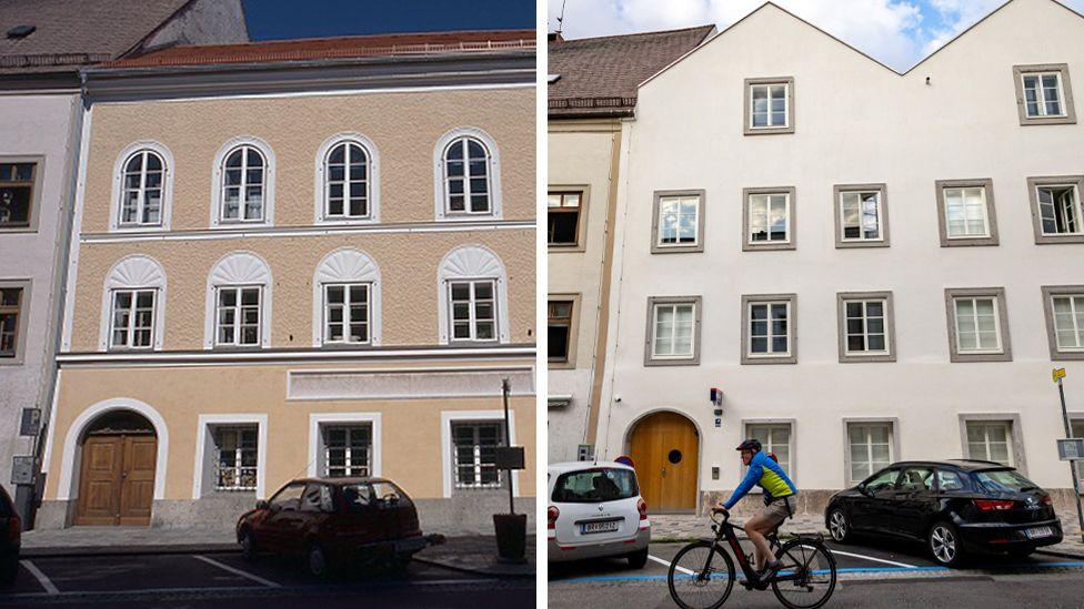 Vista general de la casa donde Adolf Hitler pasó su primera infancia el 15 de enero de 2015 en Braunau am Inn, Austria (izquierda). Vista general del mismo edificio, ahora convertido en una comisaría de policía. 