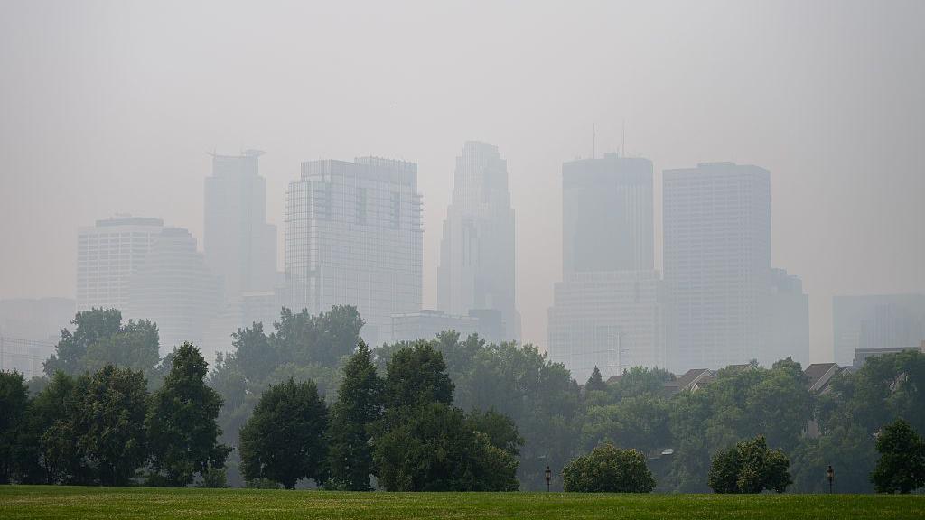 El horizonte de Minneapolis, Minnesota, est&aacute; borroso por el humo, con el c&eacute;sped verde del parque y los &aacute;rboles en primer plano.