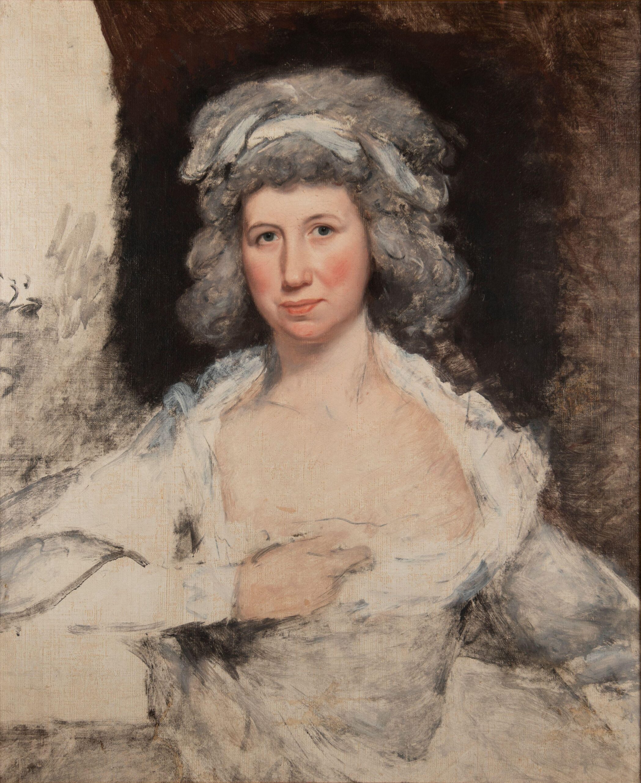Retrato pict&oacute;rico inacabado de una persona con cabello empolvado y vestido claro, sobre un fondo oscuro.