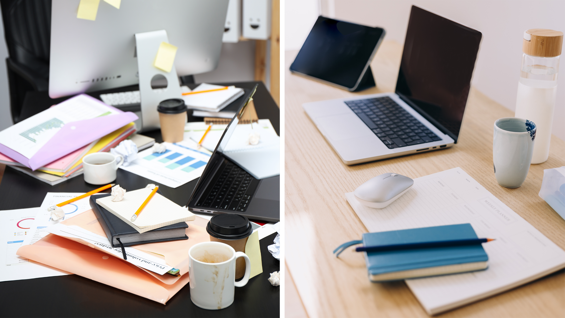Dos escritorios uno al lado del otro, con los objetos de trabajo en primer plano. El escritorio de la izquierda est&aacute; repleto de cuadernos, papeles sueltos, notas adhesivas, tazas de caf&eacute; y una computadora port&aacute;til abierta. El escritorio de la derecha est&aacute; perfectamente organizado con un cuaderno cerrado, un port&aacute;til, una tableta, un rat&oacute;n, una botella de agua y una taza colocados sobre una superficie transparente.