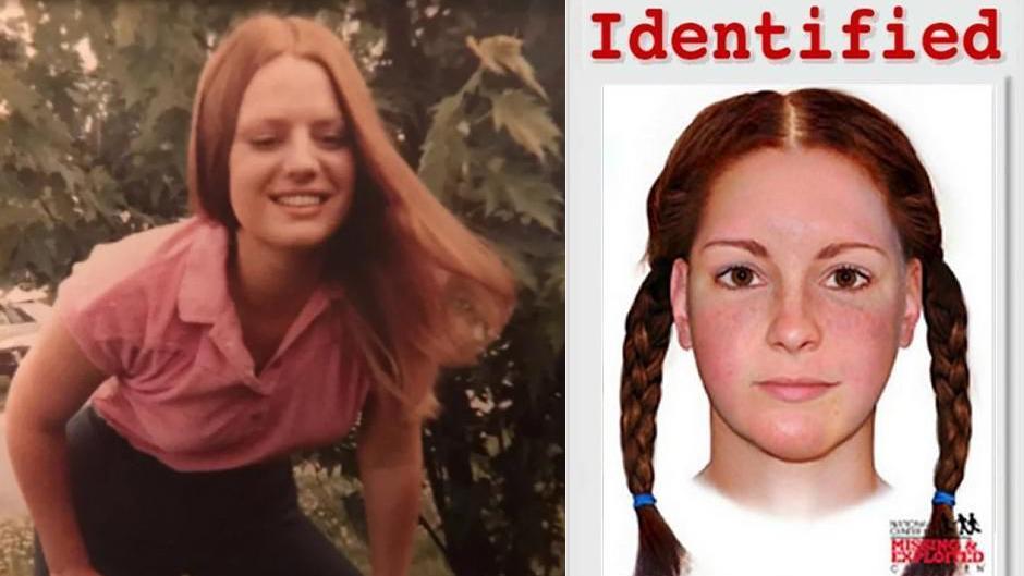 La imagen de la izquierda muestra a una joven con cabello largo, liso y casta&ntilde;o rojizo, sonriendo frente a un &aacute;rbol. Lleva una blusa rosa y una falda oscura. La imagen de la derecha muestra un retrato generado por computadora de una cabeza con un rostro similar y dos trenzas casta&ntilde;as.