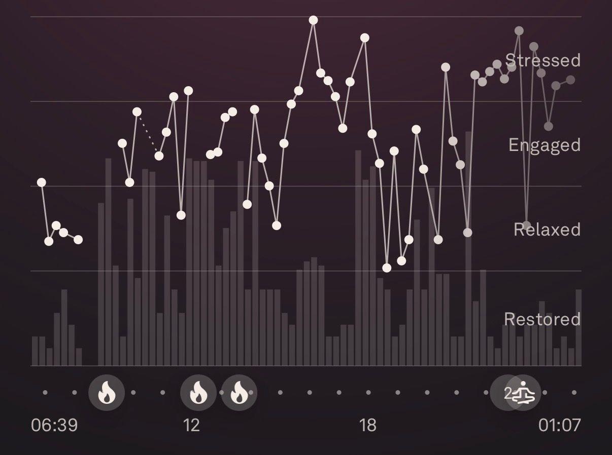 Una captura de pantalla que muestra las estadísticas del rastreador de actividad física como un gráfico lineal. El eje vertical dice: Restaurado, Relajado, Activado y Estresado